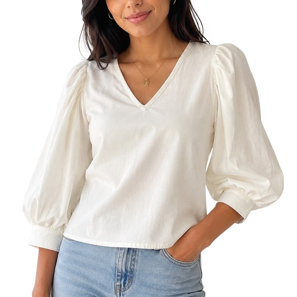 A New Day Cream Balloon Sleeve Blouse XS Romantic Minimal Coastal Workwear Top - Picture 1 of 11